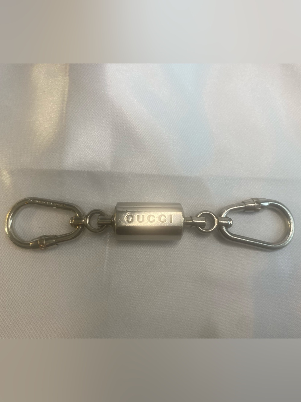 Authentic Gucci Silver-Tone Double Carabiner Keychain Bag Charm Key Ring